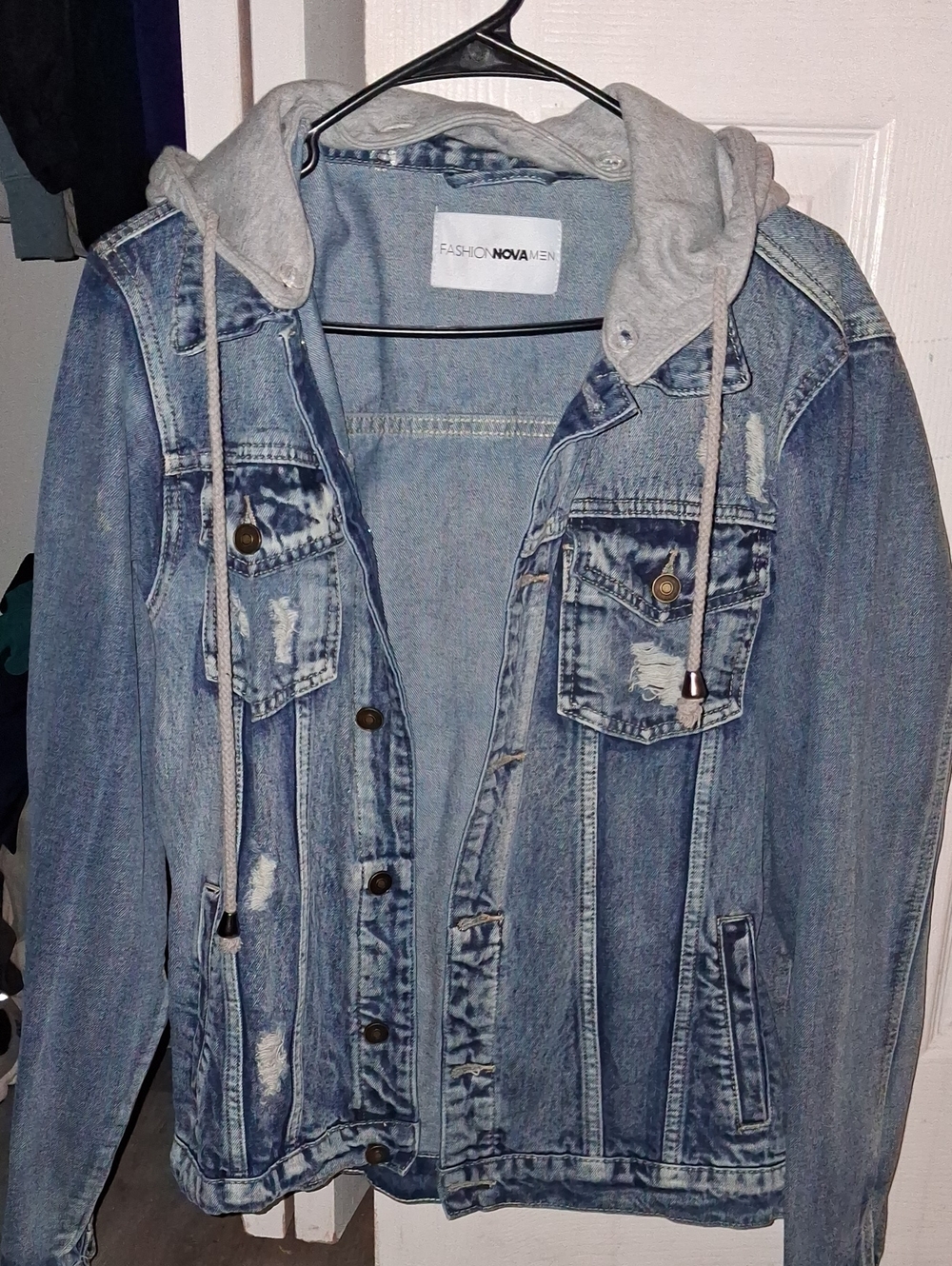 Fashion Nova Light Wash Denim Jacket with Removable Gray Hooded Liner